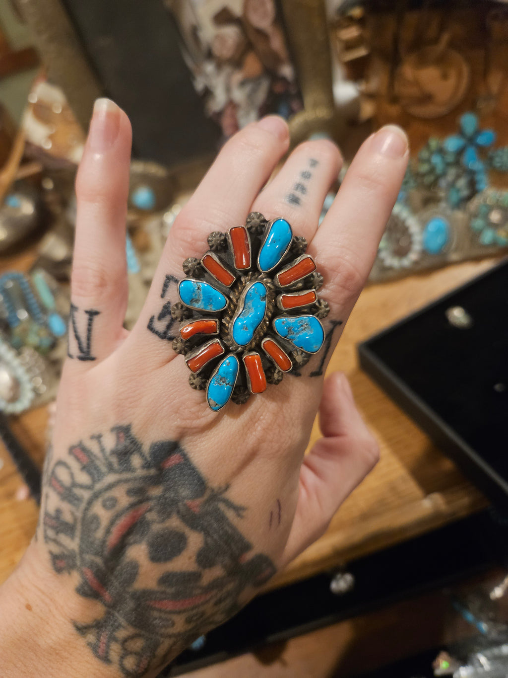 Vintage 1960's Turquoise and Coral Ring SALE