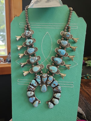 Gorgeous Golden Hills Turquoise Squash Blossom Heirloom Necklace Set SALE