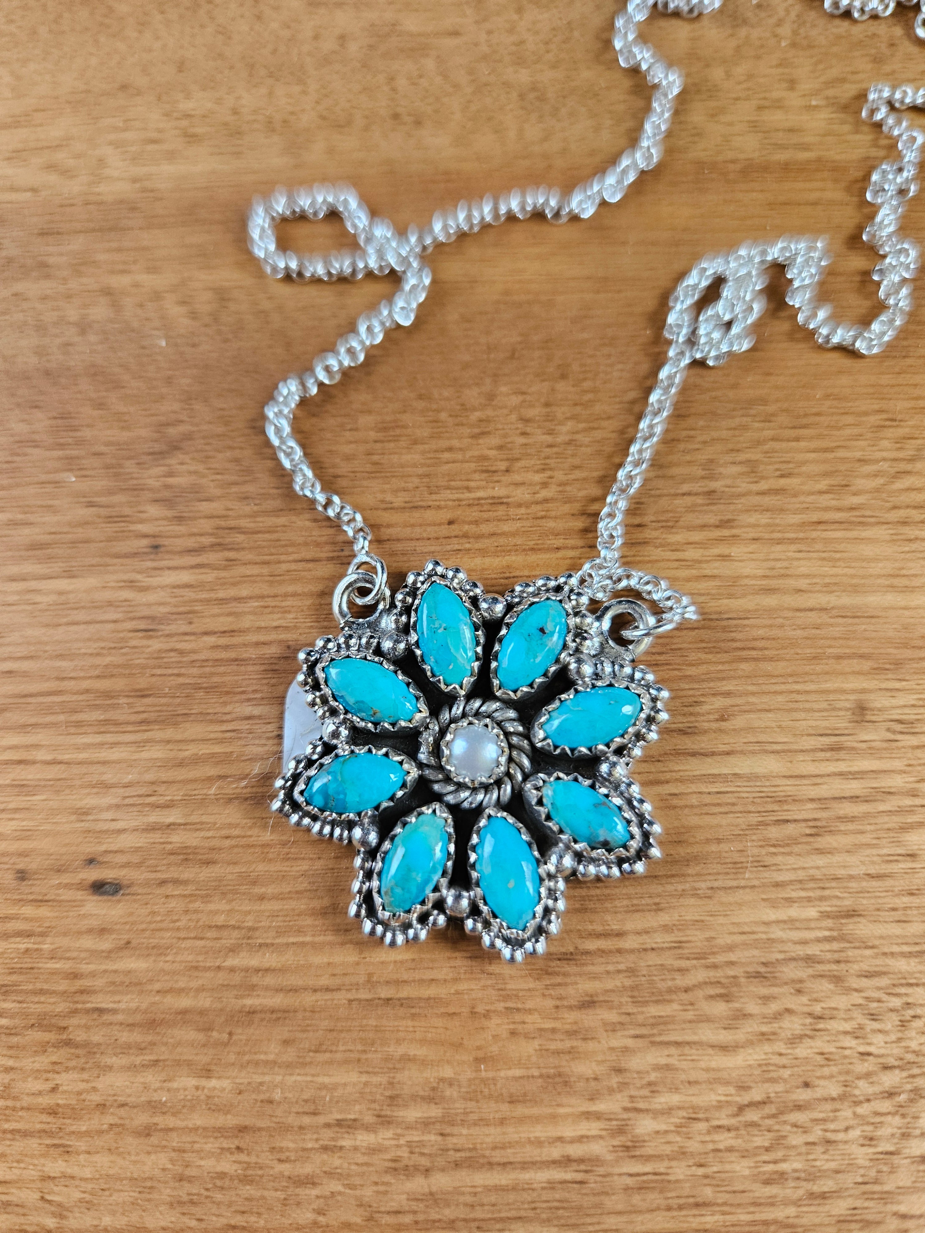 Turquoise and Pearl Flower Necklace SALE