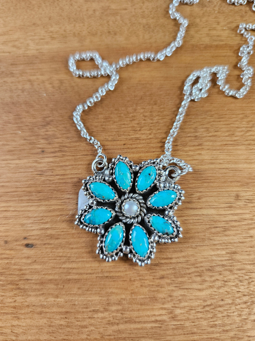 Turquoise and Pearl Flower Necklace SALE