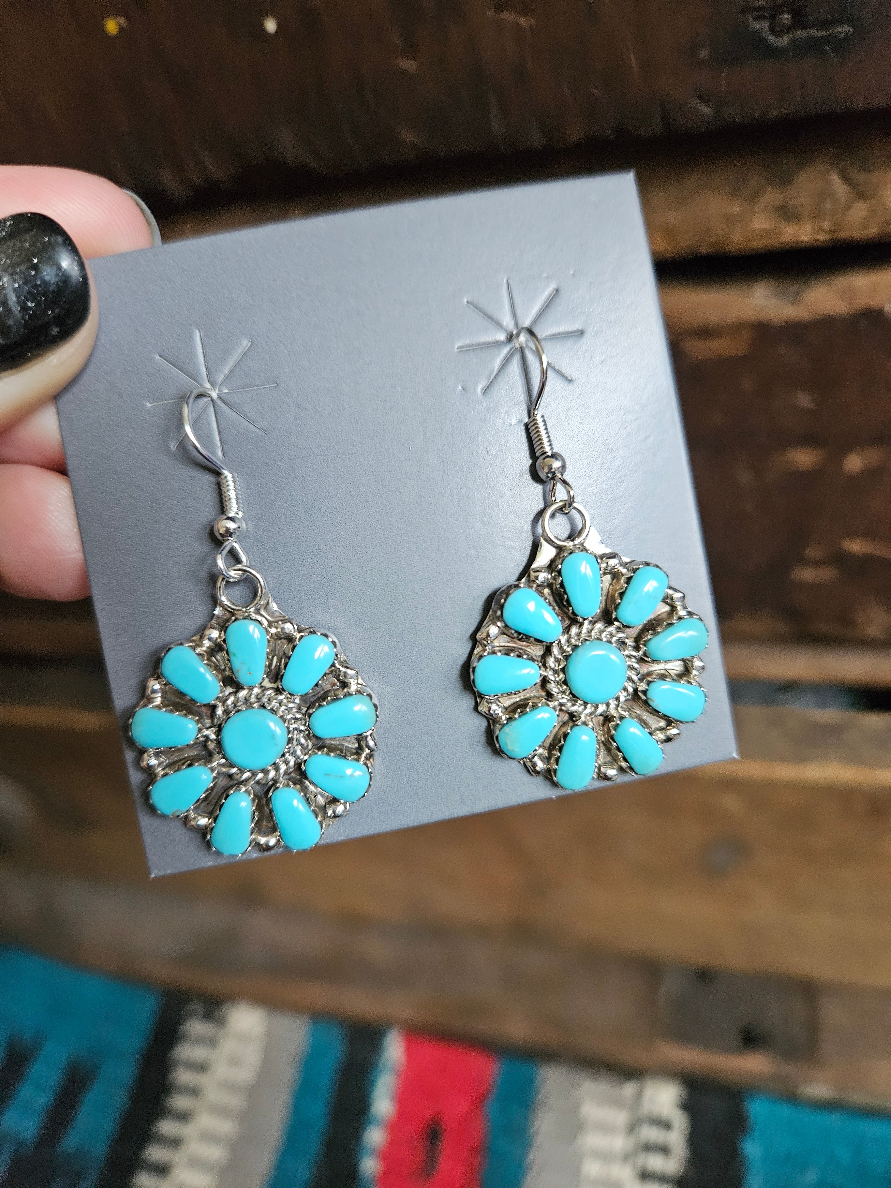 Navajo Handmade Turquoise Dangle Cluster Earrings