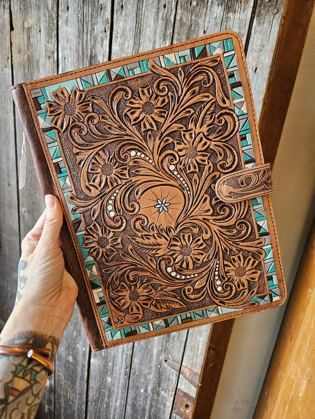 Tooled Leather and Turquoise Note Pad Holder