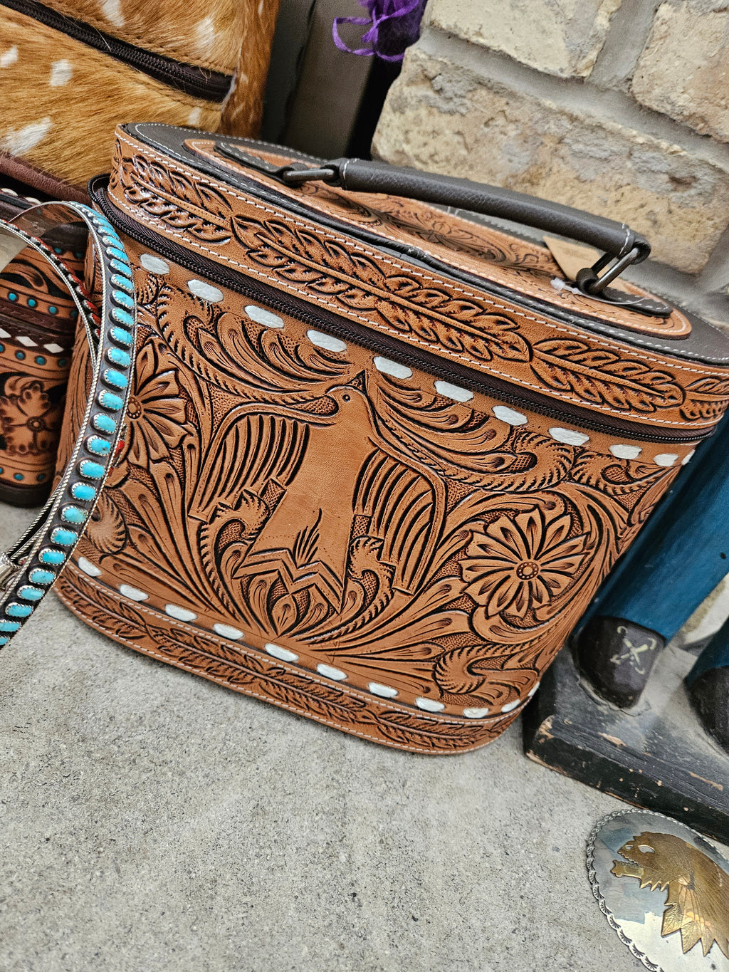 Tooled Leather Big Thunderbird Train Case Travel Case Box SALE