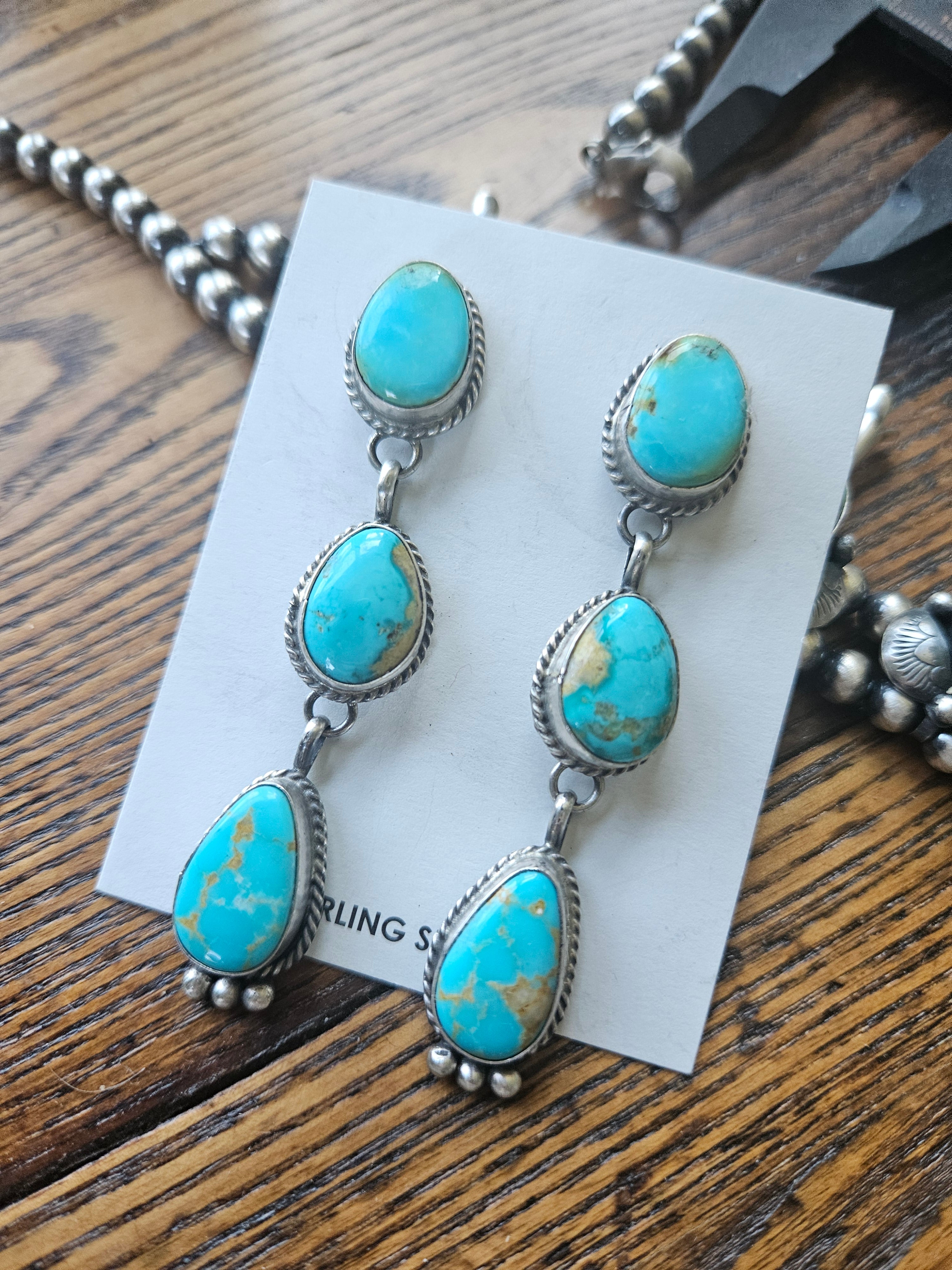 3 Stone Turquoise Earrings