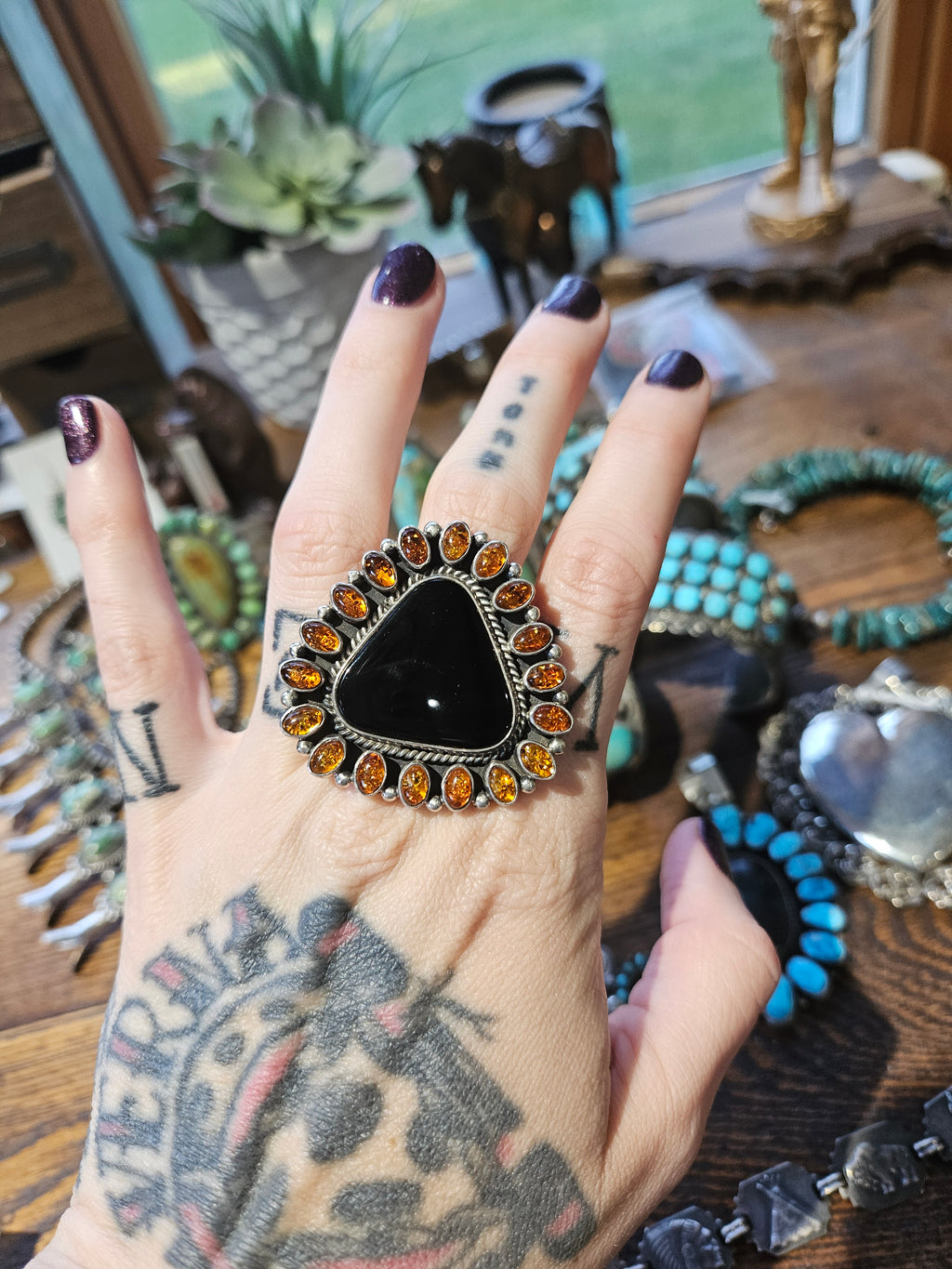 Onyx and Amber Cluster Ring SALE