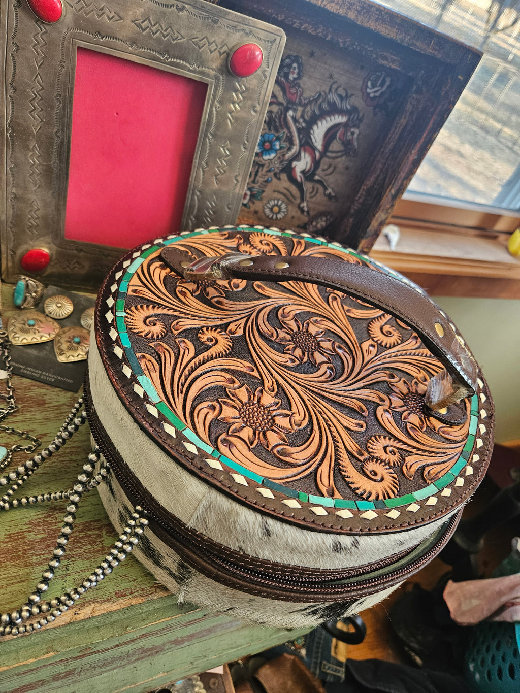 Cowhide Tooled Leather Circular Jewelry Box