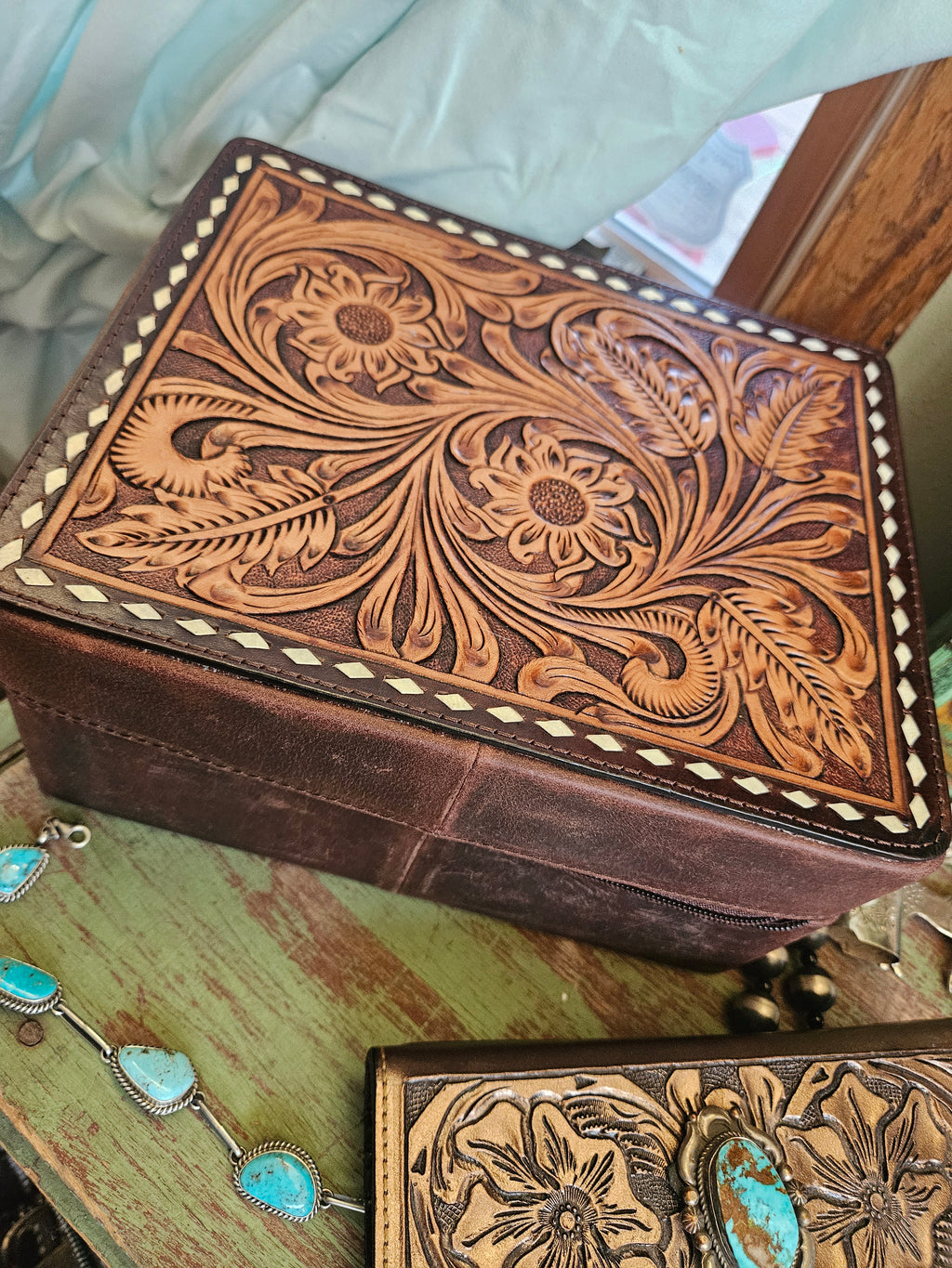 Leather Tooled Jewelry Box Buckstitch
