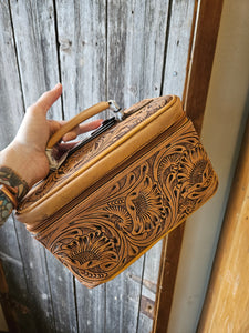 Tooled Leather Train Case Travel Case Box