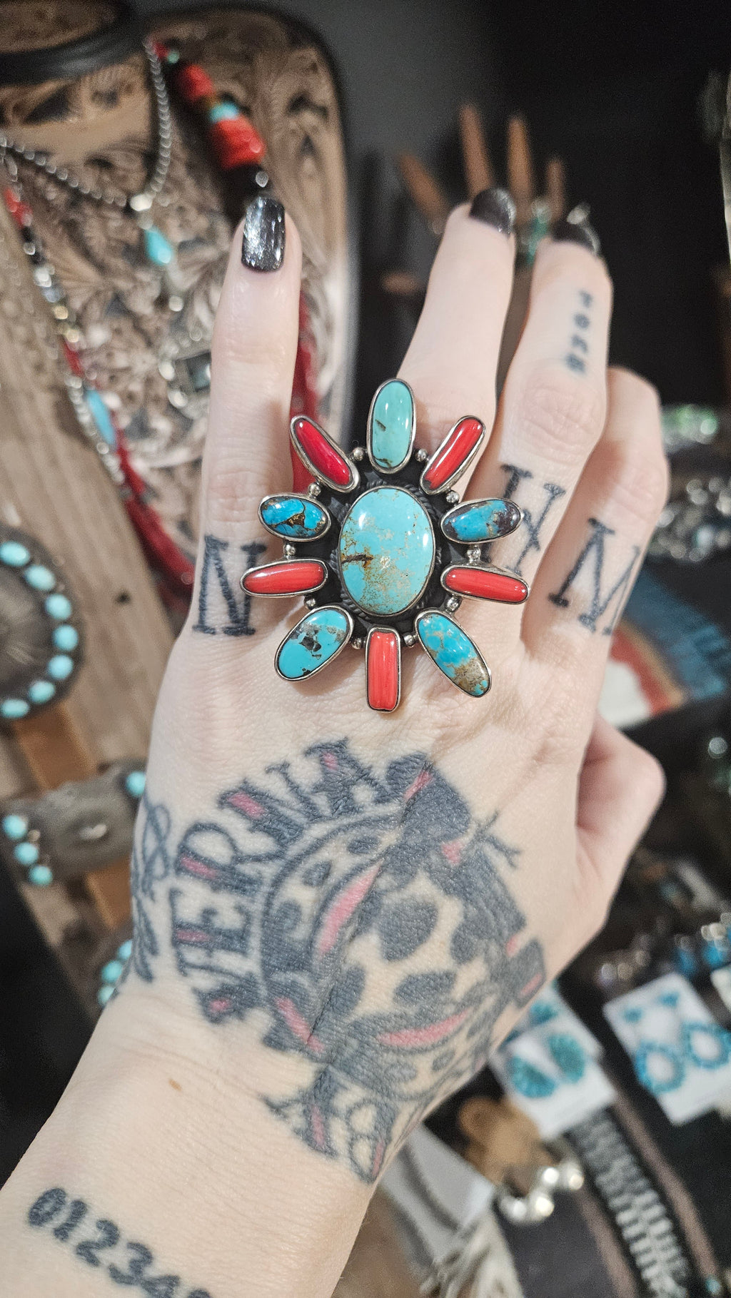Turquoise and Coral Statement Ring