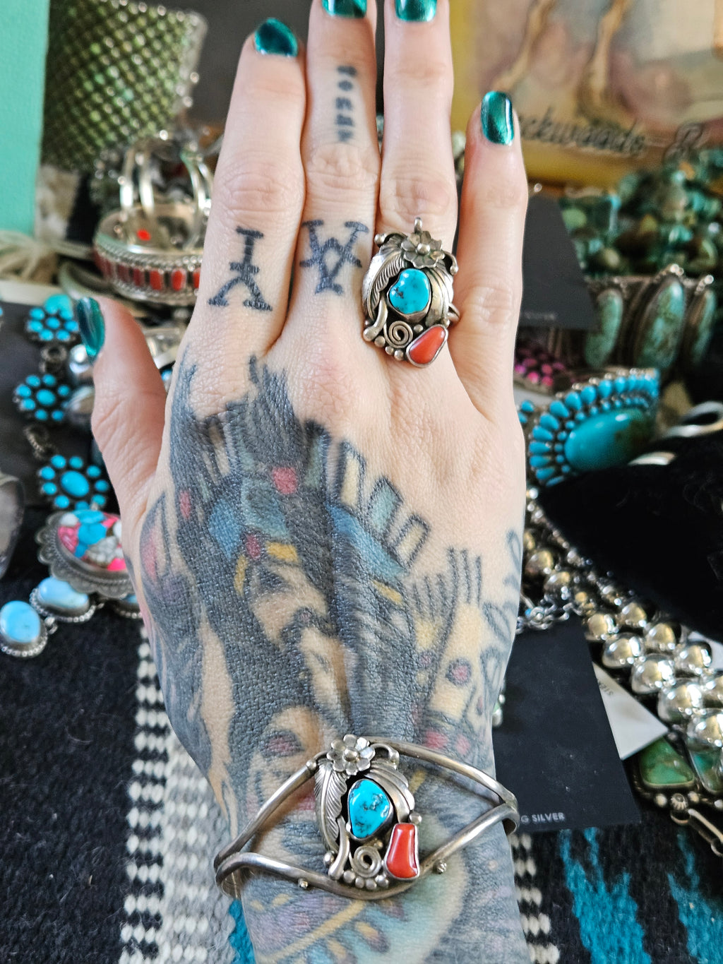 Vintage Turquoise and Coral Cuff and Ring Matched Set